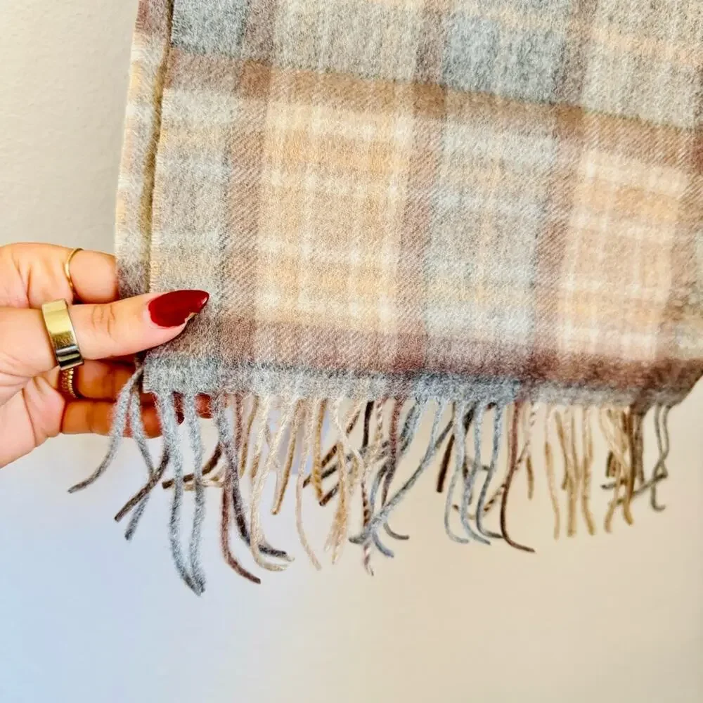NEW EDINBURGH Beige Soft Blue Tan Cashmere Tartan Plaid Tassel Cozy Scarf Wrap
